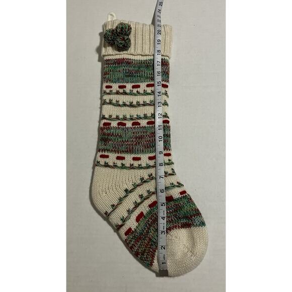 Aspen Knit Christmas Stocking Fleece Lined with Cuffed Top and Pompoms EUC - Picture 4 of 6